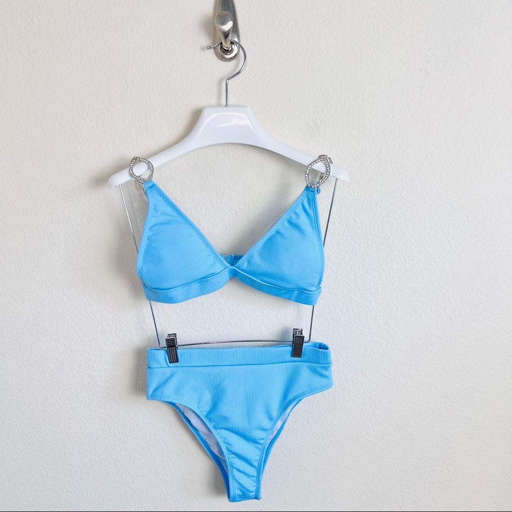 Baby Blue High Waist Rhinestone Embellished Bikini Set - Picture 2 of 8